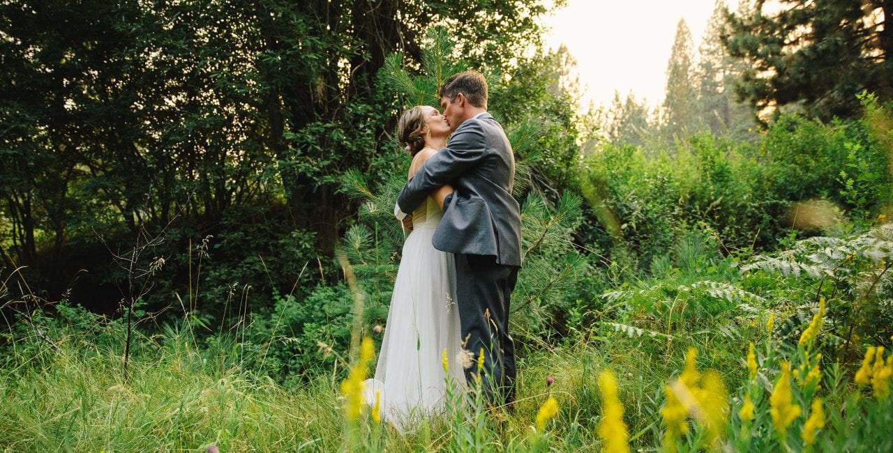 Bride and Groom Kissing Outdoors in North Lake Tahoe