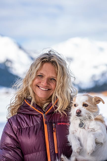 Sherry and her dog in Lake Tahoe