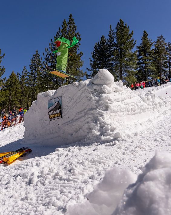 Fake alligator on sled competes in Dummy Downhill at Diamond Peak